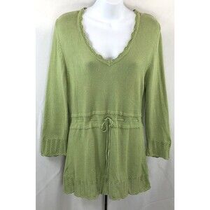 Vintage Studio 1940 Crochet Tunic Sweater M Green Tie Waist V-Neck Cottage Fairy